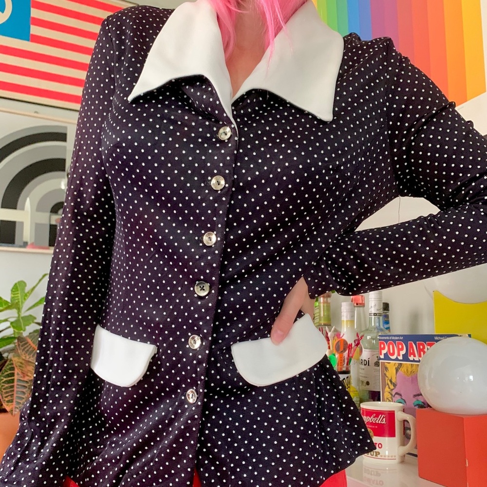 Mod 1970s contrasting collar babydoll blouse M